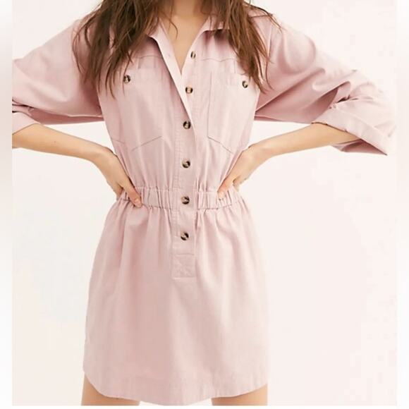 Free People | Hazel Pink Shirt Dress 100% Cotton Blend XS - Picture 1 of 12